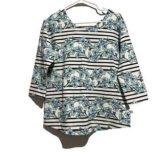 Talbots Shirt Petite Medium Blue‎ Floral Striped Button Back Cotton Stretch NEW